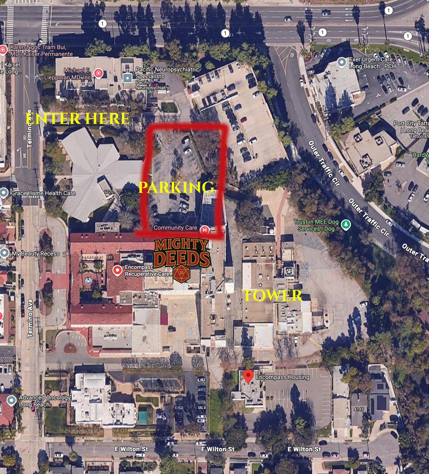 Map showing the entrance from Termino Avenue, event parking, and the Doctor's Lounge entrance for Mighty Deeds